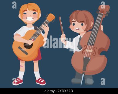 Enfants jouant des instruments de musique ensemble isolé sur fond. Illustration vectorielle de dessins animés de garçons heureux jouant à la contrebasse et à la guitare, enfants montrant le talent au concert de l'école, groupe amateur Illustration de Vecteur