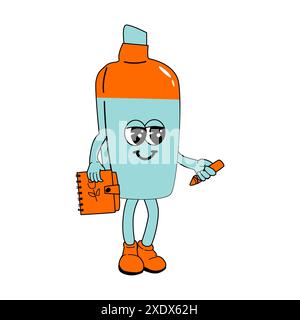 Fournitures scolaires pour enfants - marqueur de bande dessinée ou stylo feutre dans un style groovy rétro. Mascotte drôle pour l'éducation retour à la bannière de l'école, conception de couverture, affiche ou Illustration de Vecteur