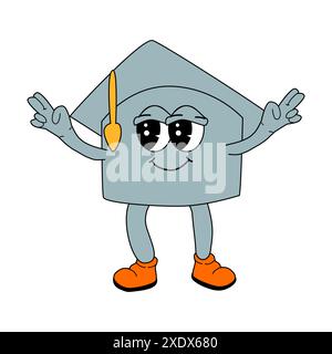 Personnage de dessin animé de casquette académique dans le style rétro groovy des années 80, 90, 2000. fournitures scolaires y2k - casquette de graduation avec visage drôle. Mascotte enfantine pour l'éducation Illustration de Vecteur