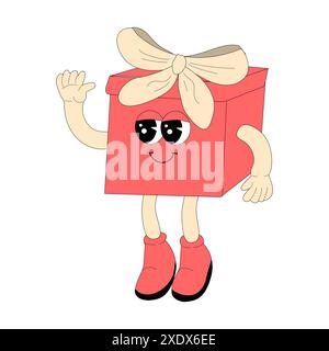 Noël et bonne année groovy boîte cadeau caractère isolé. Mascotte des vacances d'hiver. Personnage hippie rétro dans les années 60, 70, y2k style avec groov drôle Illustration de Vecteur