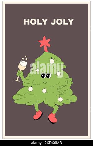 Bannière verticale de Noël avec caractère groovy. Personnage groovy de Noël avec affiche ou carte de voeux y2k Elements. Bonne année et Noël Templat Illustration de Vecteur