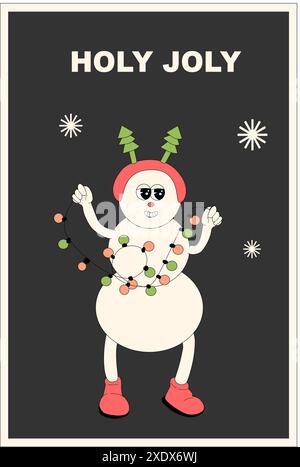 Bannière verticale de Noël avec caractère groovy. Personnage groovy de Noël avec affiche ou carte de voeux y2k Elements. Bonne année et Noël Templat Illustration de Vecteur