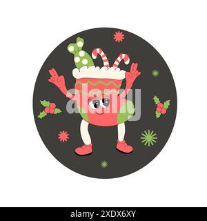 Bannière groovy de Noël avec des personnages de dessins animés. Fond carré de Noël. Joyeux Noël et modèle de bannière bonne année. Groovy y2k personnages et Illustration de Vecteur