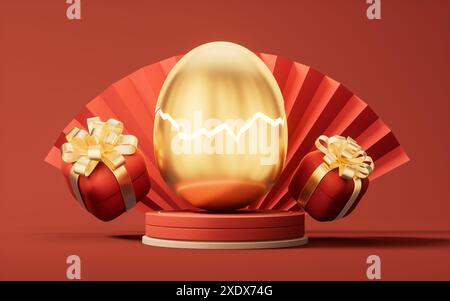 Oeuf d'or craqué et boîte-cadeau, rendu 3D. Illustration 3D. Banque D'Images