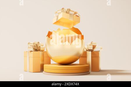 Oeuf d'or craqué et boîte-cadeau, rendu 3D. Illustration 3D. Banque D'Images