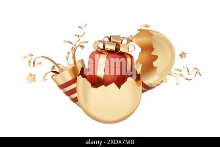 Oeuf d'or craqué et boîte-cadeau, rendu 3D. Illustration 3D. Banque D'Images