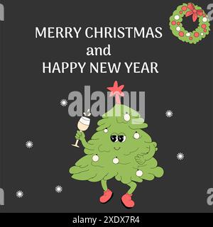 Bannière groovy de Noël avec des personnages de dessins animés. Fond carré de Noël. Joyeux Noël et modèle de bannière bonne année. Groovy y2k personnages et Illustration de Vecteur