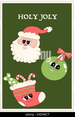 Bannière verticale de Noël avec caractère groovy. Personnage groovy de Noël avec affiche ou carte de voeux y2k Elements. Bonne année et Noël Templat Illustration de Vecteur