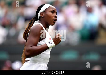 Dossier photo du 03/07/23 de Coco Gauff. Les meilleurs joueurs de tennis du monde sont descendus sur SW19 dans l'espoir de réussir à Wimbledon. GAUFF a laissé derrière elle ses années d'adolescence et revient sur la scène de sa percée en tant que championne de grand chelem après avoir remporté le trophée de l'US Open l'année dernière. Date d'émission : mardi 25 juin 2024. Banque D'Images