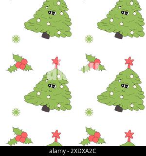 Modèle de nouvel an heureux avec des éléments y2k. Fond de personnages groovy avec santa, boule de neige, arbre de Noël, cadeaux. Motif hippie groovy de Noël avec R Illustration de Vecteur