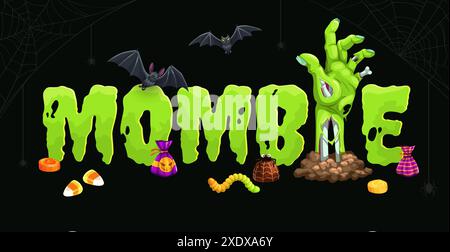 Zombie main de zombie, bannière d'Halloween. Fond effrayant de saison d'automne, fond festif d'horreur d'automne ou bannière vectorielle effrayante Halloween heureuse avec des chauves-souris volantes, main de zombie collant du sol, bonbons Illustration de Vecteur