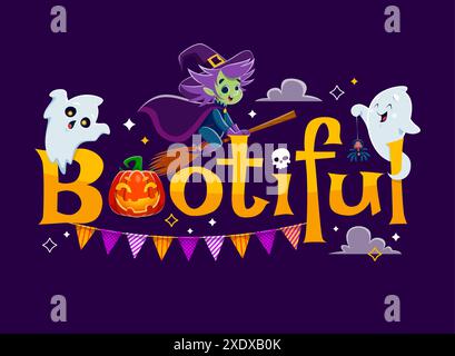 Citation d'Halloween, bootiful avec drôle de sorcière mignonne et fantômes de boo pour les vacances, vecteur de bande dessinée. Citrouille effrayante et crâne avec fantômes drôles, araignée sur toile d'araignée et sorcière volant sur balai pour Halloween citation Illustration de Vecteur