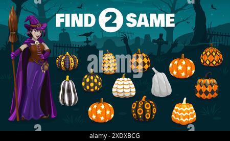 Jeu d'Halloween, aide à la sorcière à trouver deux mêmes citrouilles à motifs, puzzle de feuille de calcul vectoriel. Trouvez et associez la même citrouille de dessin animé avec l'image d'ornement d'Halloween sur le cimetière avec zombie et pierres tombales Illustration de Vecteur