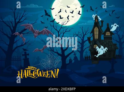Paysage d'Halloween avec château sombre, chauves-souris volantes et fantômes effrayants, cimetière d'horreur, arbres effrayants et fond vectoriel de toile d'araignée. Halloween maison hantée et paysage de cimetière avec des monstres de nuit Illustration de Vecteur