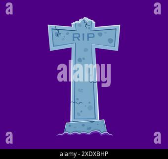 Police Halloween, lettre T tombstone Rip sur le cimetière , type alphabet d'horreur vectoriel de dessin animé. Police Halloween ou enfants effrayants ABC lettre T en forme de tombe croisée sur le cimetière pour la nuit des monstres zombies Illustration de Vecteur