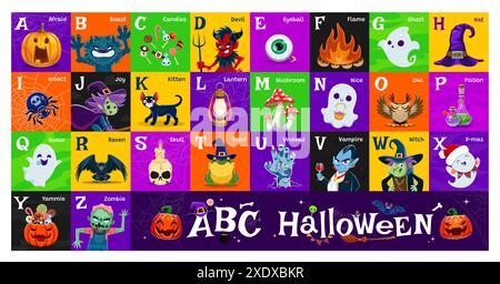 Alphabet Halloween, abc vacances, type enfants. Vecteur lettres majuscules avec des personnages effrayants de dessin animé drôles. Zombie, fantômes, sorcière ou citrouille, chapeau de sorcier ou chat noir. Grenouille, diable, chauve-souris, loup-garou ou grenouille Illustration de Vecteur