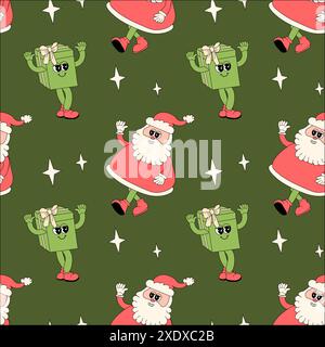 Modèle de nouvel an heureux avec des éléments y2k. Fond de personnages groovy avec santa, boule de neige, arbre de Noël, cadeaux. Motif hippie groovy de Noël avec des personnages rétro dans les années 60, 70, style y2k Illustration de Vecteur