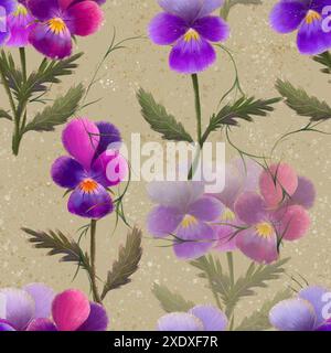 Élégant motif floral vintage sans couture avec des pansies violettes et roses avec des feuilles vertes sur un fond beige. Art numérique pour l'impression sur tissu et papier. Banque D'Images