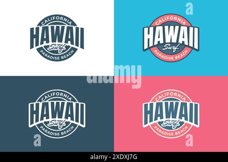 Logo d'emblème de surf Hawaii sur fond bleu et rose. Le logo est un cercle avec une écriture hawaïenne en blanc Illustration de Vecteur