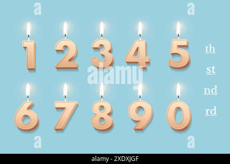 Bougies d'anniversaire pour illustration vectorielle de gâteau d'anniversaire. Numéros de cire beige 3D réalistes avec feu, chiffres brûlants avec la lumière des bougies Illustration de Vecteur