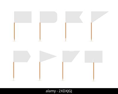 Petits drapeaux blancs sur l'illustration vectorielle de set de cure-dents. Drapeaux vierges 3D réalistes de différentes formes sur des bâtons en bois, triangulaire rond vide Illustration de Vecteur