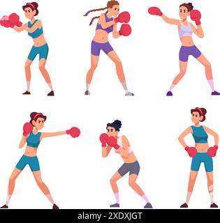 Boxe femme. Personnages sportifs féminins forts en action pose la formation de la femme d'entraînement dans les gants de boxe exact vecteur personne de dessin animé Illustration de Vecteur