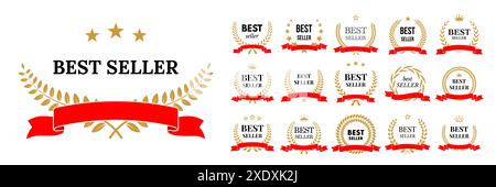 BEST seller Award stamps set illustration vectorielle. Badges de vainqueurs d'or avec texte noir BEST-seller et couronne de laurier avec couronne, étoiles et rubans rouges Illustration de Vecteur