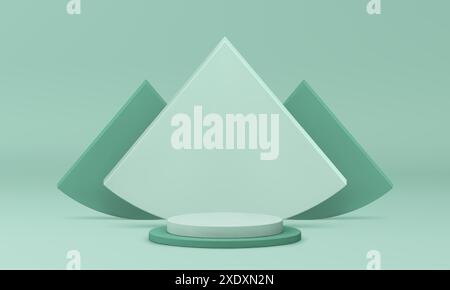maquette de piédestal de podium vert pastel 3d pour produit cosmétique montrant une illustration vectorielle réaliste. Porte-cylindre de vitrine de lumière de rendu tendance avec t Illustration de Vecteur
