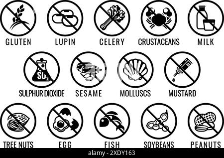 Aliments sans allergènes étiquettes d'icônes d'allergie majeure Illustration de Vecteur