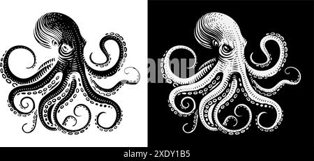 Octopus Cthulhu Tattoo Woodcut Kraken Mascot Squid Illustration de Vecteur