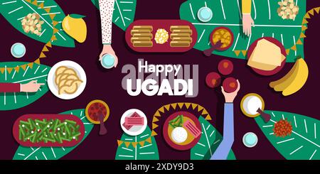 Célébration de la fête ougadi. Groupe de personnes se rassemblent pour le nouvel an hindou. Vue de haut en bas de la table à dîner, mains atteignant pour manger. Bonne carte de voeux Ugadi Illustration de Vecteur