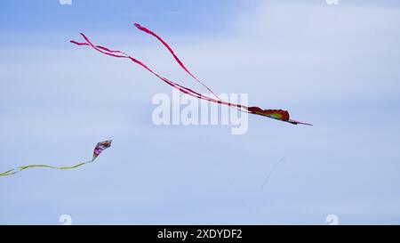 Cerf-volant en forme de papillon piloté dans un festival de cerf-volant familial au Knap, Barry. Sa longue queue attrape le vent et il monte en flèche. Banque D'Images