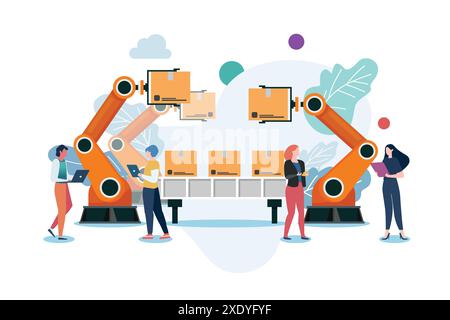 Les personnes avec la machine de bras de robot d'automatisation dans l'usine intelligente industrielle. illustration vectorielle Illustration de Vecteur