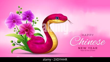 Joyeux modèle de bannière du nouvel an chinois 2025, signe du zodiaque Snake avec illustration de fleur d'orchidée mignonne Illustration de Vecteur