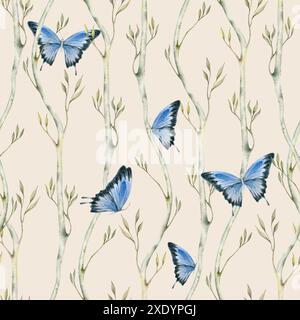 Motif sans couture. Papillons bleus sur des branches vertes avec des feuilles élégantes. Illustration aquarelle isolée sur fond clair. Botanique dessiné à la main Banque D'Images