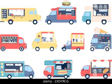 Camions alimentaires. Hamburger pizza crème glacée café et hot dog dans les voitures de rue. Transport de festival de ville avec repas et collations, clipart vectoriel récent plat Illustration de Vecteur