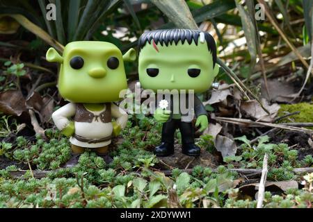 Funko Pop figurines de personnages fictifs ogre Shrek et le monstre de Frankenstein. Forêt verte fantastique, mousse, jardin, plantes, herbe. Banque D'Images