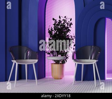 Chaises et table dans une chambre moderne avec des arcs bleus, lumière néon rose et sol carrelé de mosaïque blanche, rendu 3D. Banque D'Images