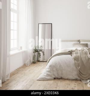 Intérieur de chambre moderne dans des tons de terre, rendu 3D. Banque D'Images