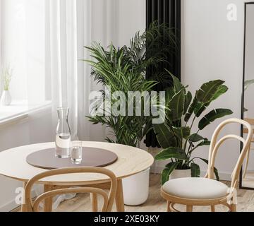 Gros plan de la table à manger près de la fenêtre et des plantes vertes dans des pots, intérieur de la maison, rendu 3D. Banque D'Images