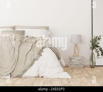 Fond intérieur de la maison, chambre blanche confortable avec lit avec oreiller et couverture, lampe et miroir, style scandinave, rendu 3D. Banque D'Images