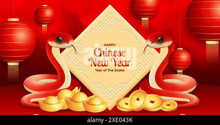 Joyeux modèle de bannière du nouvel an chinois 2025, signe du zodiaque Snake avec des pièces d'or, des lingots et des ornements chinois. Illustration de Vecteur