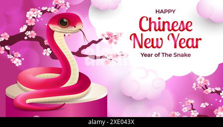 Année du serpent conception de bannière 2025, serpent rouge avec fond de nuage rose mignon, année du serpent 2025 Illustration de Vecteur