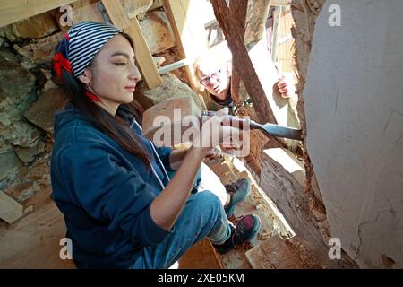 PRODUCTION - 24 juin 2024, Saxe-Anhalt, Quedlinburg : un étudiant ouzbek travaille à la restauration d'une maison à colombages. Les membres d'une délégation ouzbèke du site du patrimoine mondial de Khiva apprennent actuellement les dernières découvertes dans la restauration des bâtiments historiques de ce qu'on appelle Adelshof dans la ville du patrimoine mondial de Quedlinburg. Les étudiants de l'Université de Khorezm Mamun Academy apprennent la restauration de conservation des ressources dans le cadre d'une collaboration avec le Centre allemand de maisons à colombages. Les connaissances acquises bénéficieront par la suite aux sites historiques Banque D'Images