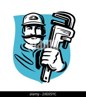 Travailleur professionnel avec outil ou clé, logo. Emblème construction, travaux de plomberie. Illustration vectorielle de logo Illustration de Vecteur