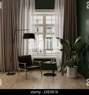 Intérieur moderne du salon avec fenêtre , chaise avec table basse et lampadaire, grande plante en pot, mur vert avec lumière du soleil et Banque D'Images