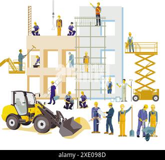 Site de construction de maison avec des hommes d'affaires et des machines de construction, illustration Banque D'Images