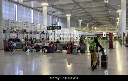 Dans la zone d'attente de l'aéroport de Malaga (Aeropuerto, Churriana) près des comptoirs d'enregistrement du terminal, Espagne Banque D'Images