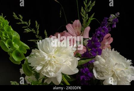 Élégant bouquet de fleurs mélangées comprenant des pivoines blanches, des fleurs roses et violettes, et du feuillage vert, disposés sur un fond noir pour dramatique Banque D'Images