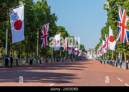 The Mall, Londres, Royaume-Uni. 25 juin 2024. Le Mall décoré de drapeaux japonais et britanniques avant leur Majesté l'empereur Naruhito du Japon et son épouse l'impératrice Masako, visite d'État du Japon au Royaume-Uni. Crédit : Amanda Rose/Alamy Live News Banque D'Images